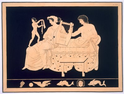 Coppia che si rilassa con una lira, pubblicato 1808-10 (illustrazione da una rilegatura di Peintures de Vases Antiques Vulgairement Appeles Etrusques di Aubian Louis Millin de Grandmaison) da French School